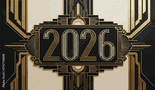 Elegant Art Deco 2026 Design for New Year Celebrations and Futuristic Projections with Golden Accents and Sophisticated Black Background
