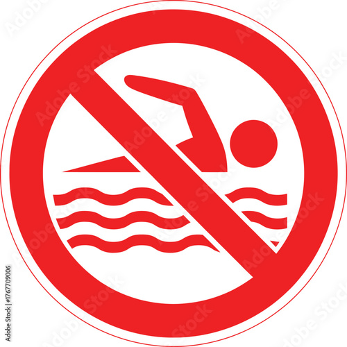 No Swimming Prohibition Circle Vector Sign: A crossed-out figure swimming in waves, indicating a restricted water area.