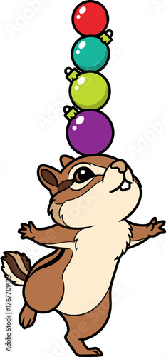 A cheerful chipmunk balances colorful Christmas ornaments, celebrating the festive spirit with joyful holiday cheer, perfect for seasonal designs and merry greetings.