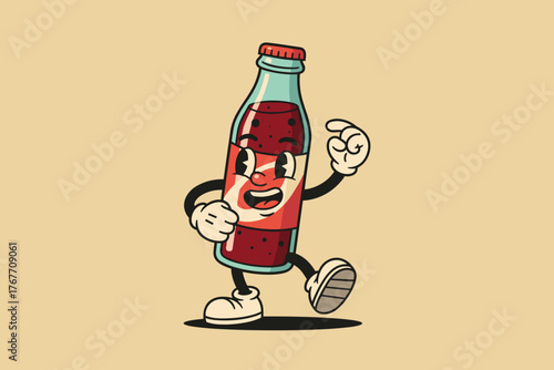 Retro Cartoon Soda Bottle Character Walking with Expression.