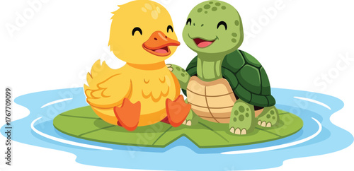 Duck turtle friendship lilypad water cartoon cute happy pond nature animal green