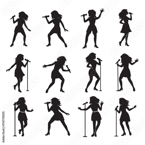 Collection of female singer silhouettes with microphones