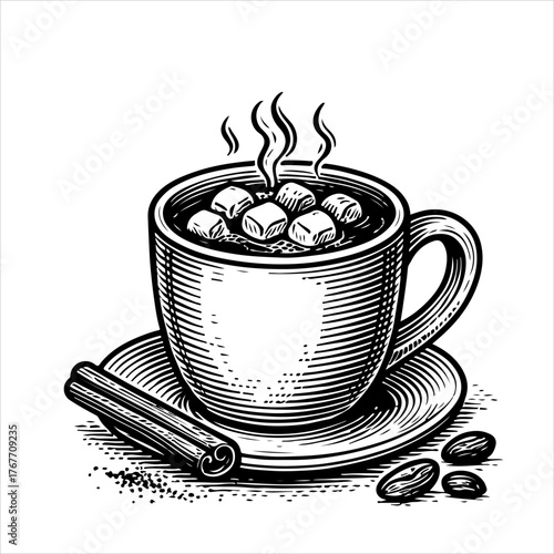 A vintage, hand-drawn illustration of a steaming mug of hot chocolate or coffee with marshmallows, a cinnamon stick, and coffee beans.