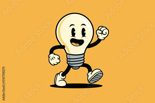 Happy Light Bulb Cartoon Character Running with Enthusiasm.