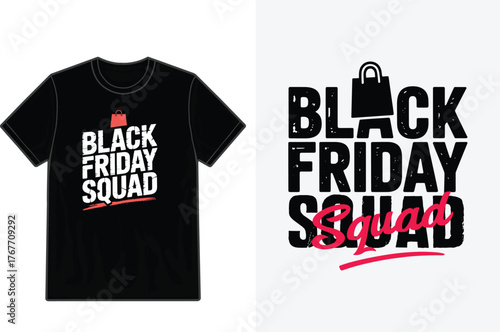 Black friday squad t-shirt design with a shopping bag graphic.