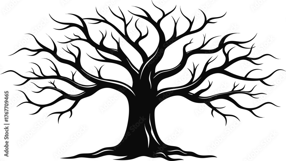 Obraz premium Silhouette of a large bare tree with intricate branches against a white background