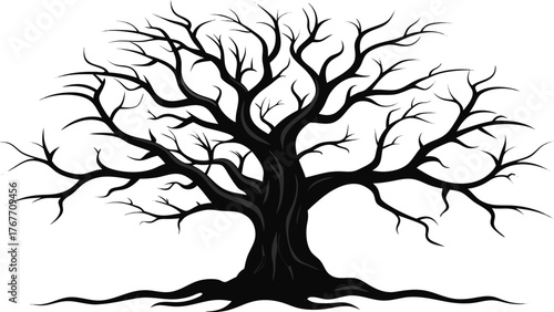 Silhouette of a large gnarled bare tree with sprawling roots