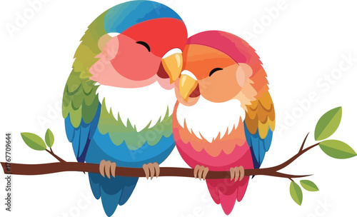 Lovebirds birds branch cute colorful illustration cartoon nature animal pair