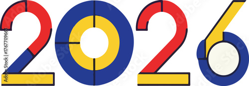 Vibrant Geometric Illustration of the Year 2026 with Primary Colors and Clean Lines Offering a Contemporary and Optimistic Visual for Future Planning