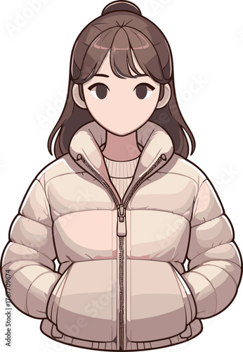 クリーム色のダウンジャケットを着た女性のイラスト