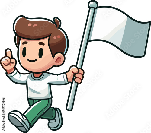 旗を持って笑顔で歩く男性のイラスト