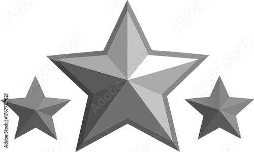 Three dimensional metallic stars in varying sizes on a white background