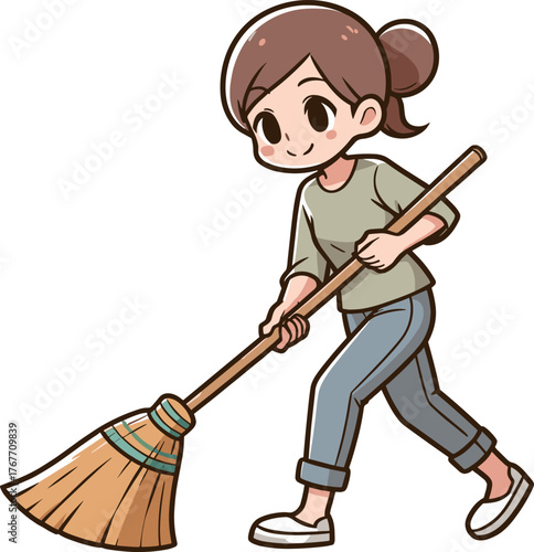 掃き掃除をする女性のイラスト