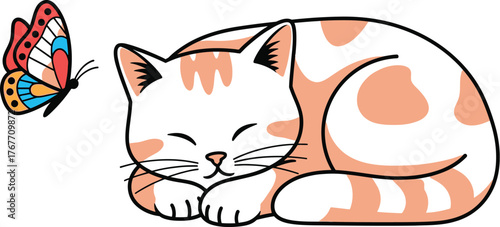 Sleeping cat butterfly pet animal cute domestic feline kitten cartoon drawing