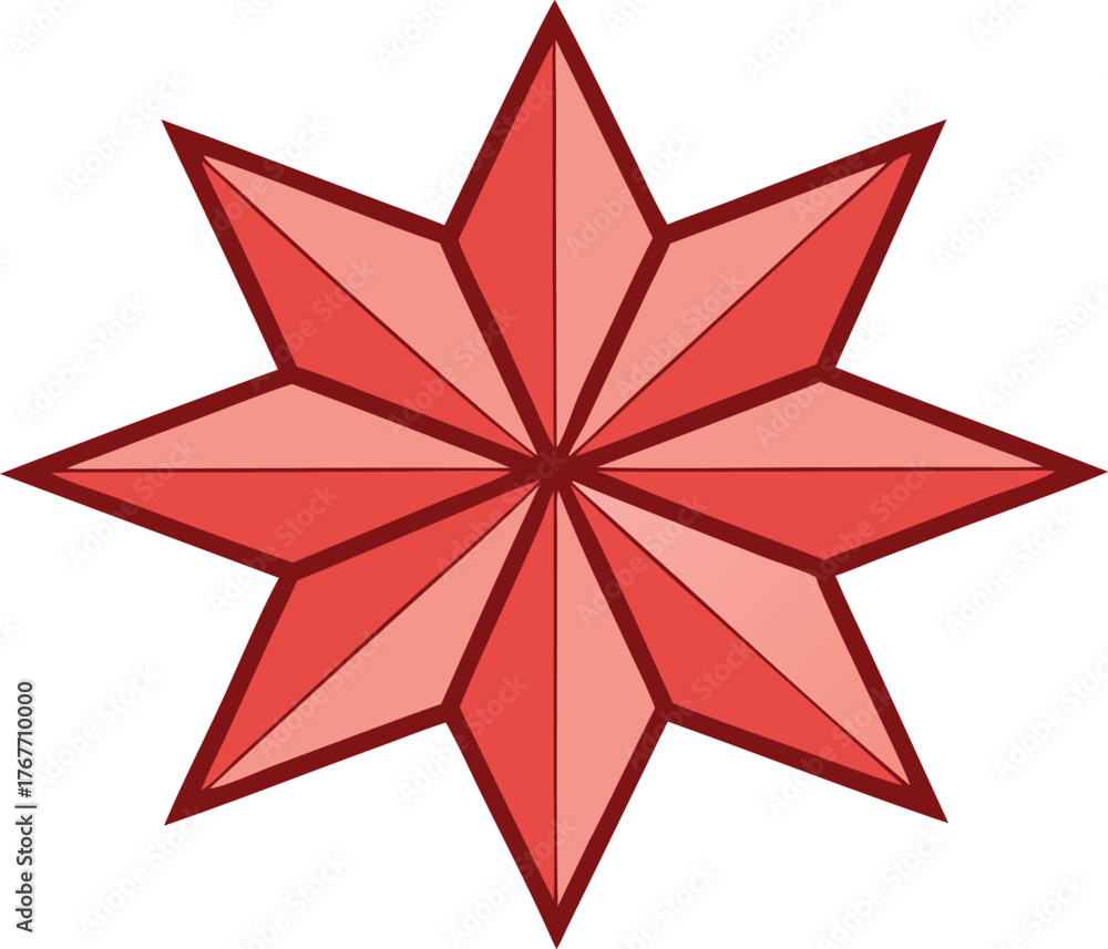 Fototapeta premium Geometric eight pointed red star shape isolated on white background