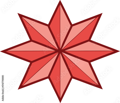Geometric eight pointed red star shape isolated on white background