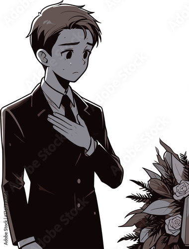 喪服で悲しい表情の男性のイラスト