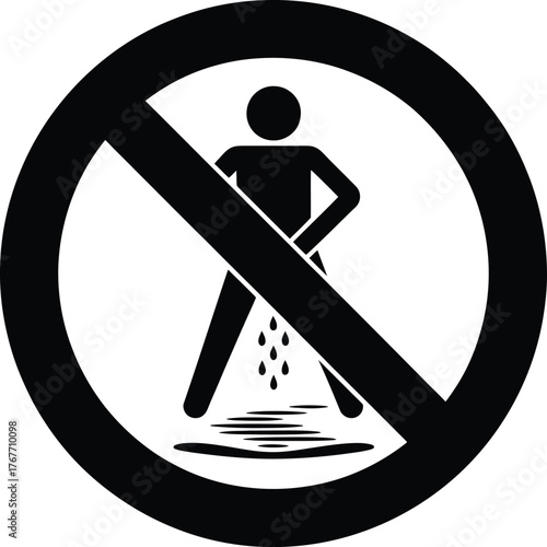 Black and White No Urinating Prohibition Circle Vector: A crossed-out figure violating a sanitation rule.