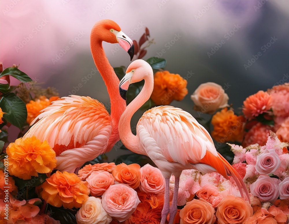 Naklejka premium exotic flamingos stand gracefully amidst soft pastel pink and orange flower wallpaper creating a serene and beautiful atmosphere
