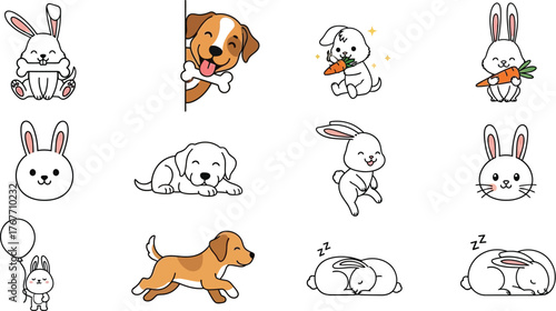 Cartoon dogs rabbits animals cute pets illustration drawing vector happy fun