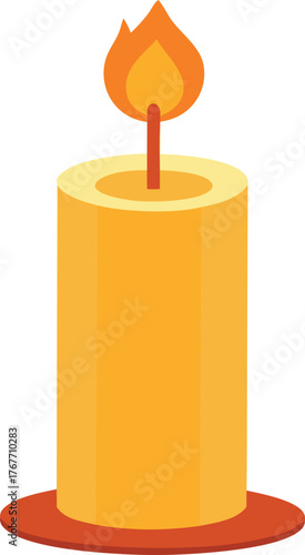 A simple bright yellow candle with a flame burning brightly