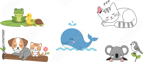 Animals cartoon cute illustration frog duckling turtle dog cat whale koala bird