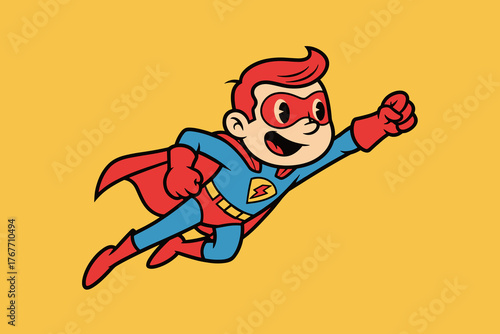 Cartoon Superhero Boy Flying with Red Cape and Mask.