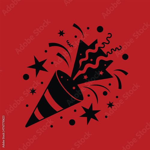 Party popper exploding with stars and confetti shapes on red