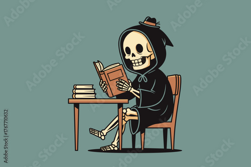 Cartoon Skeleton in Robe Reading Book at Desk with Stack of Book