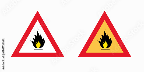 Two warning signs depicting a flame, the left sign has a red border and, while the right sign has a red border and yellow background