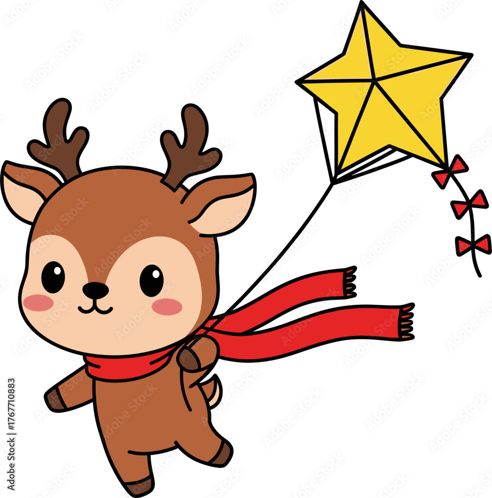 Fototapeta premium A cheerful cartoon reindeer with a red scarf flies a star-shaped kite, celebrating Christmas with joy and festive spirit in a colorful illustration.