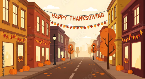 Thanksgiving Street Scene with Decorations and Festive Banners