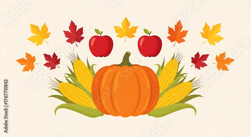 Autumn Harvest with Pumpkin Apples Corn and Maple Leaves
