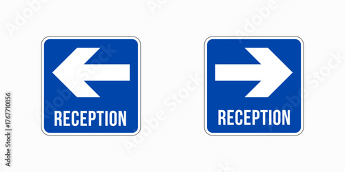 Two blue reception signs with white arrows pointing left and right the signs are square and have the word reception in white letters below the arrows
