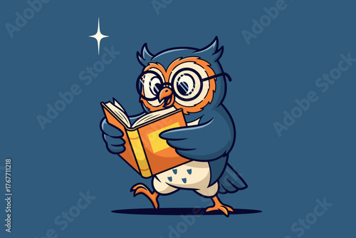 Cute Owl with Glasses Reading a Book.