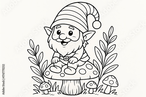 Coloring book for children, gnome elf sits on a mushroom.