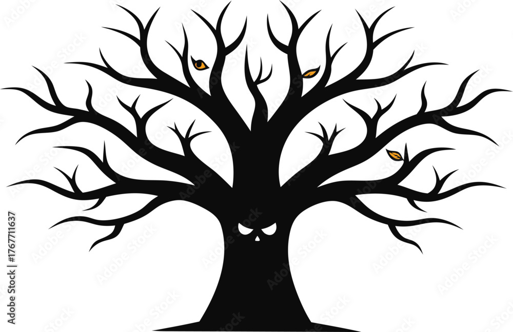 Fototapeta premium Spooky silhouette tree with glowing eyes and owl