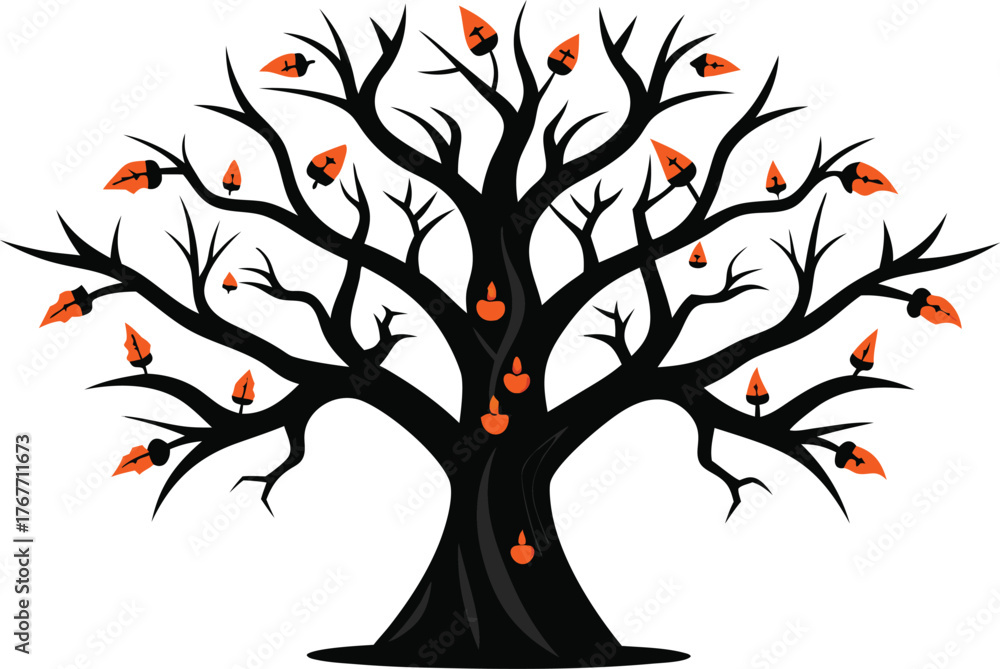 Fototapeta premium Spooky black silhouette tree with glowing orange lanterns