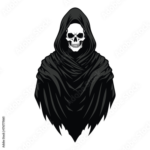A haunting depiction of the grim reaper in a dark cloak, isolated on white background, embodying death and the unknown in a minimalist style