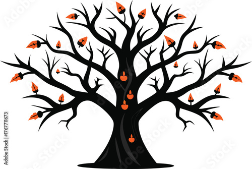 Spooky black silhouette tree with glowing orange lanterns