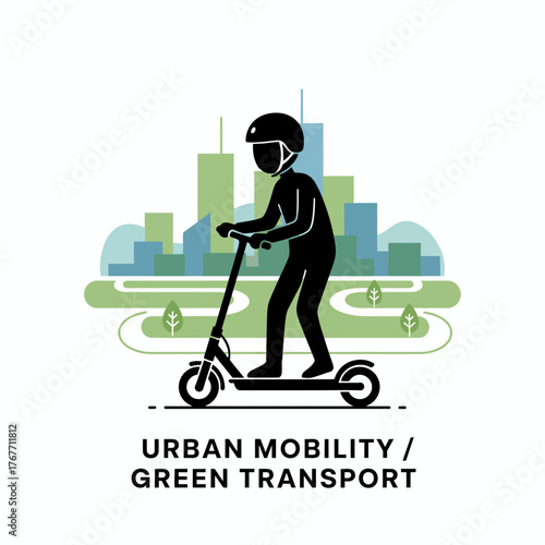 Vector icon cartoon character riding electric scooter in city