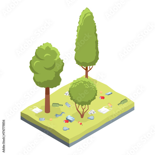 A patch of nature is littered with trash and waste, destroying the idyllic scene