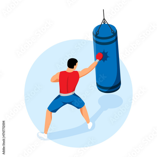 Isometric illustration of a male boxer training diligently with a punching bag, depicting focused fitness and martial arts workout preparation