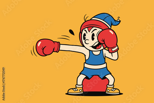 Cartoon Boxer Character Training with Red Gloves and Blue Outfit