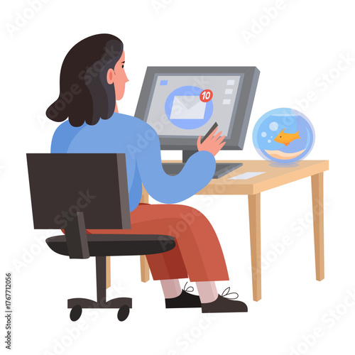 Woman at Desk Checking Email on Computer with Fish Bowl, Business Communication