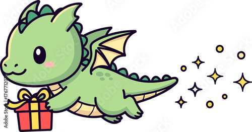 A charming cartoon dragon with a gift box, perfect for Christmas cards and festive designs, spreading holiday cheer with a touch of fantasy and magic.