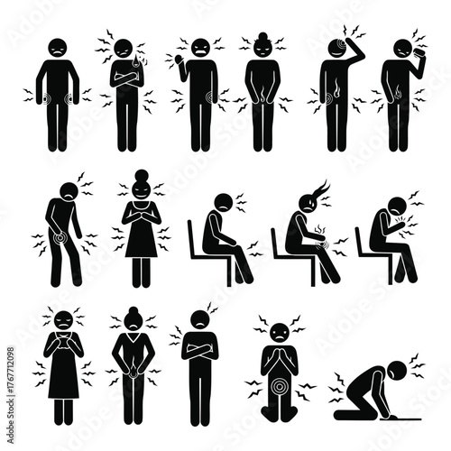 Stick Figure Pictogram Set Depicting Different Types of Aches and Pains