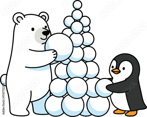 A charming illustration of a polar bear and penguin collaborating to build a whimsical Christmas tree made of snowballs, embodying the spirit of the holiday season.