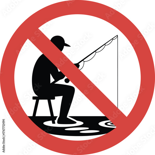 Black and Red No Fishing Prohibition Circle Vector Sign: A crossed-out figure fishing, indicating a restricted area.