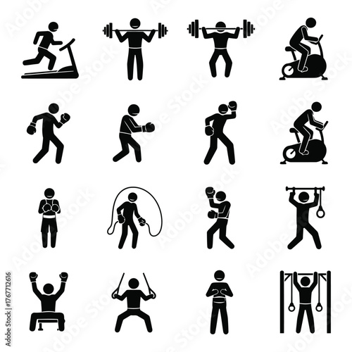Gym workout icons set different exercises and fitness training pictograms